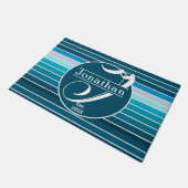 Blauwe Stripes Navy, Sky Blue, Aqua Monogrammed Deurmat (Schuin)