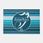 Blauwe Stripes Navy, Sky Blue, Aqua Monogrammed Deurmat (Voorkant)