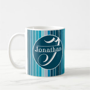 Blauwe Stripes Navy, Sky Blue, Aqua Monogrammed Koffiemok