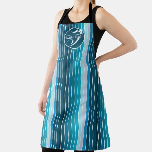 Blauwe Stripes Navy, Sky Blue, Aqua Monogrammed Schort (Insitu)