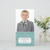 Blauwe Stripes Religieuze Fotokaart Bedankkaart (Staand voorkant)