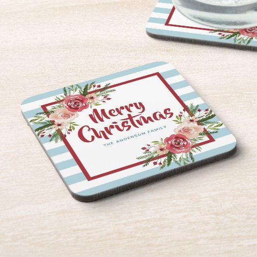 Blauwe Stripes Waterverf Flowers Kerstmis Bier Onderzetter (Linkerzijde)