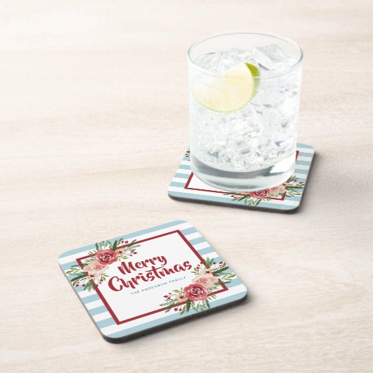 Blauwe Stripes Waterverf Flowers Kerstmis Bier Onderzetter (Rechterzijde)