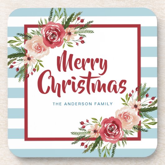 Blauwe Stripes Waterverf Flowers Kerstmis Bier Onderzetter (Voorkant)