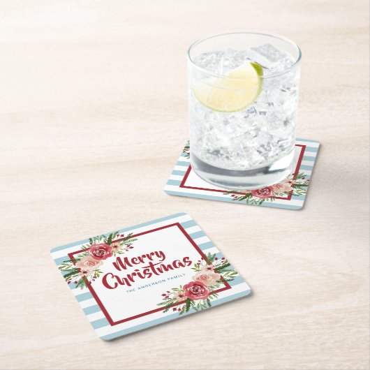 Blauwe Stripes Waterverf Flowers Kerstmis Kartonnen Onderzetters (Insitu)