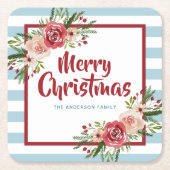 Blauwe Stripes Waterverf Flowers Kerstmis Kartonnen Onderzetters (Voorkant)