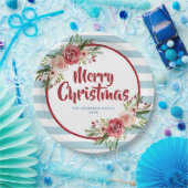 Blauwe Stripes Waterverf Flowers Kerstmis Papieren Bordje (Feest)