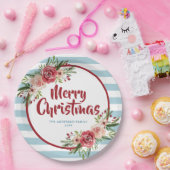 Blauwe Stripes Waterverf Flowers Kerstmis Papieren Bordje (Feest)