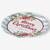 Blauwe Stripes Waterverf Flowers Kerstmis Papieren Bordje (Gekanteld)