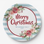 Blauwe Stripes Waterverf Flowers Kerstmis Papieren Bordje (Voorkant)