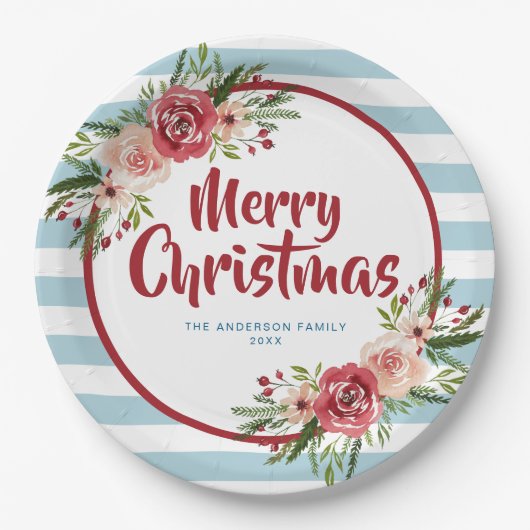 Blauwe Stripes Waterverf Flowers Kerstmis Papieren Bordje (Voorkant)