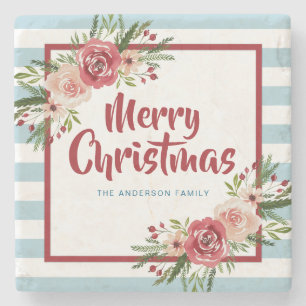 Blauwe Stripes Waterverf Flowers Kerstmis Stenen Onderzetter