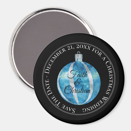 Blauwe stripte kerstversiering/sla de datum op magneet (Voorkant / Achterkant)