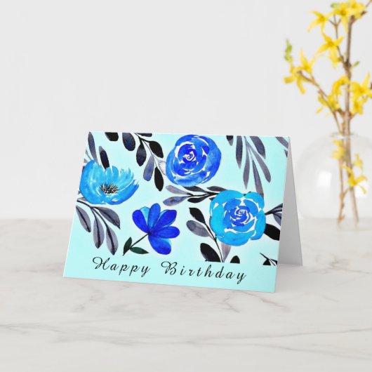 BLAUWE STROOMSTROOM WATERVERF ART BIRTHDAY KAART (Gele Bloem)