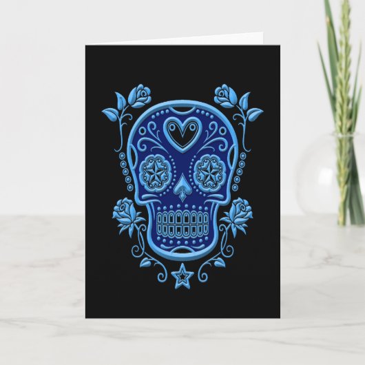Blauwe suikerschedel met Rozen op zwart Kaart (Voorkant)
