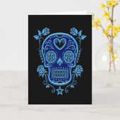 Blauwe suikerschedel met Rozen op zwart Kaart (Gele Bloem)