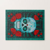 blauwe suikerschedel met Rozen Poster Legpuzzel (Horizontaal)