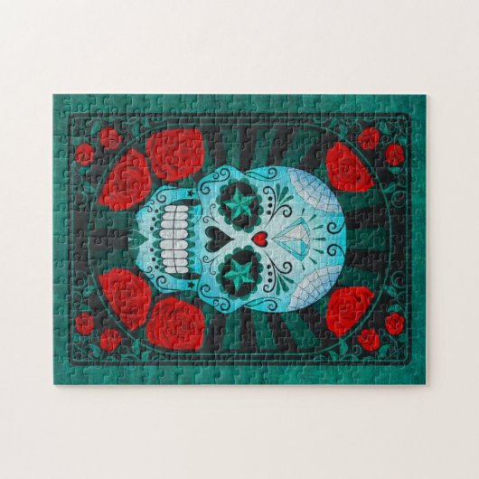  blauwe suikerschedel met Rozen Poster Legpuzzel (Horizontaal)