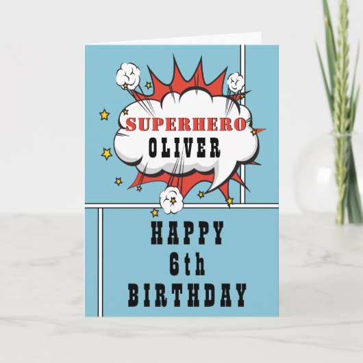 Blauwe superheld Comic Speech Bubble Boy Birthday Kaart (Voorkant)