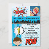 Blauwe superheld Foto 1e verjaardag Uitnodiging (Voorkant)