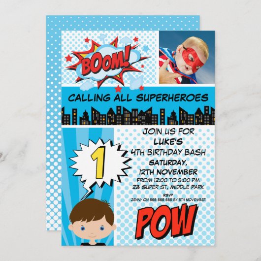 Blauwe superheld Foto 1e verjaardag Uitnodiging (Voorkant / Achterkant)