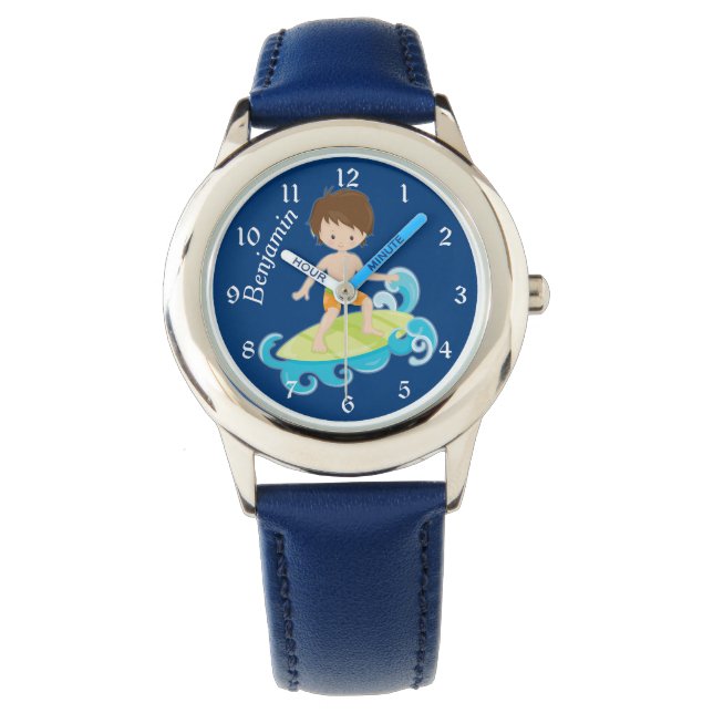 Blauwe Surfer Jongen Kinder Horloge (Voorkant)
