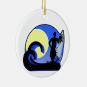 Blauwe surfer op zonsondergang keramisch ornament (Rechts)