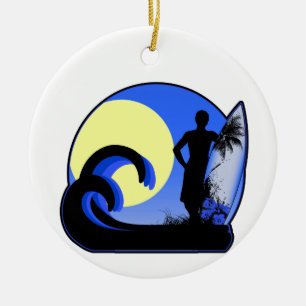 Blauwe surfer op zonsondergang keramisch ornament