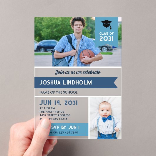 Blauwe Swallowtail Banners Foto's Afstudeerfeest Acryl Uitnodigingen (Insitu (Draagbaar))