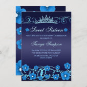Blauwe Sweet16 Bloem & Tiara Verjaardag Uitnodigen Kaart (Voorkant / Achterkant)