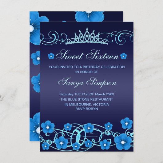 Blauwe Sweet16 Bloem & Tiara Verjaardag Uitnodigen Kaart (Voorkant / Achterkant)