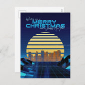 Blauwe Synthwave Kerstmis Feestdagenkaart (Voorkant / Achterkant)