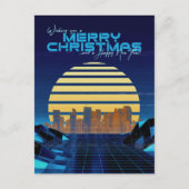 Blauwe Synthwave Kerstmis Feestdagenkaart (Voorkant)