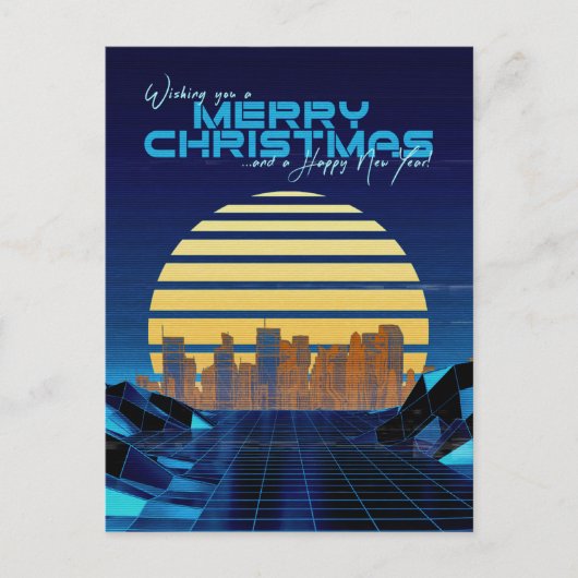 Blauwe Synthwave Kerstmis Feestdagenkaart (Voorkant)