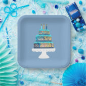 Blauwe taart met verjaardagskaarsen papieren bordje (Feest)