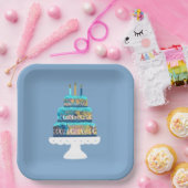 Blauwe taart met verjaardagskaarsen papieren bordje (Feest)