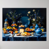 Blauwe tafel stilleven met fruit, kaas en flow poster (Voorkant)