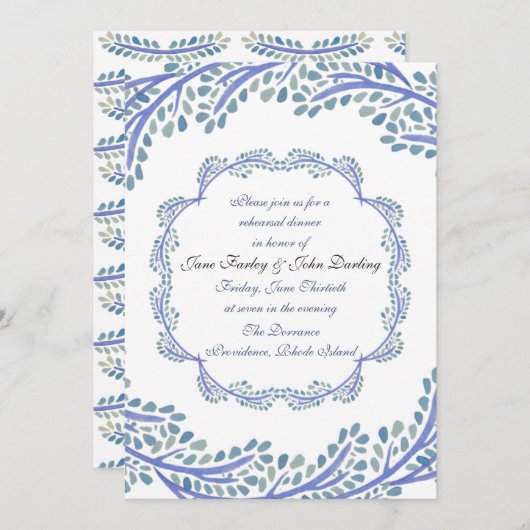 Blauwe takken repetitie diner uitnodiging (Voorkant / Achterkant)