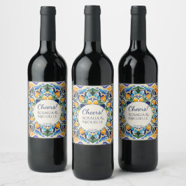 Blauwe talavera azul Mexicaanse bruiloft gewoonte Wijn Etiket