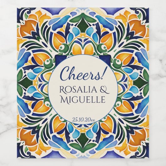 Blauwe talavera azul  Mexicaanse bruiloft gewoonte Wijn Etiket (Enkel label)