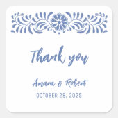 Blauwe talavera bloemen vierkante sticker (Voorkant)