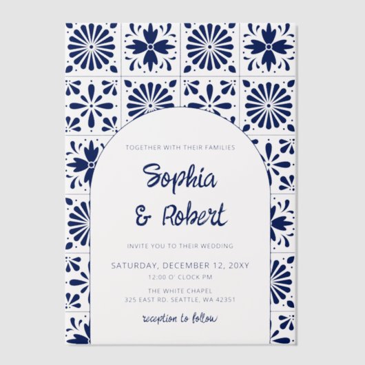 Blauwe Talavera Mexicaanse bruiloft Vellum Uitnodigingen (Voorkant)