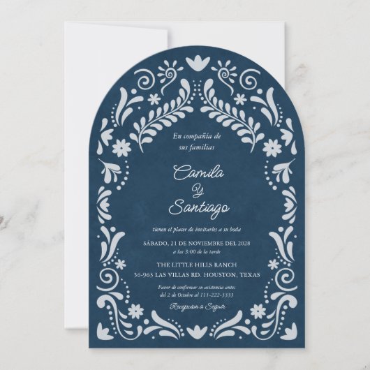 Blauwe Talavera Mexicaanse Spaanse boog bruiloft Kaart (Voorkant)