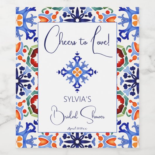 Blauwe talavera Mexicaanse tegels bedrukte sjabloo Wijn Etiket (Enkel label)