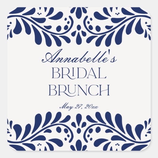 Blauwe Talavera Tegel Spaanse Fiesta Bruids Brunch Vierkante Sticker (Voorkant)