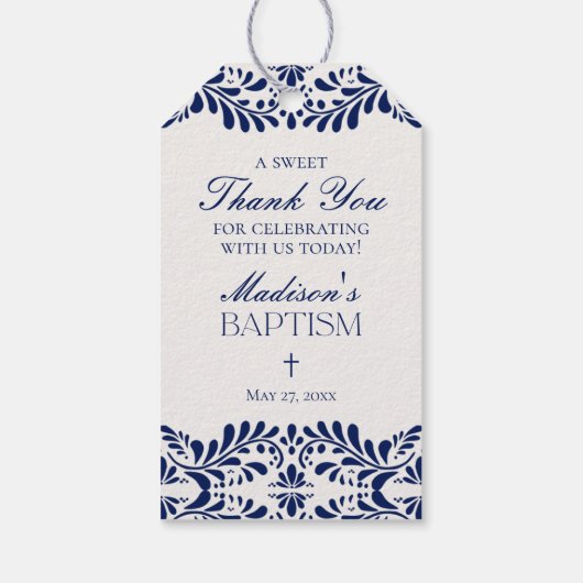 Blauwe Talavera Tegel Spaanse Fiesta Doop Favoren Cadeaulabel (Achterkant)