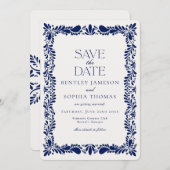 Blauwe Talavera-tegel Spaanse Fiesta Save the Date Kaart (Voorkant / Achterkant)