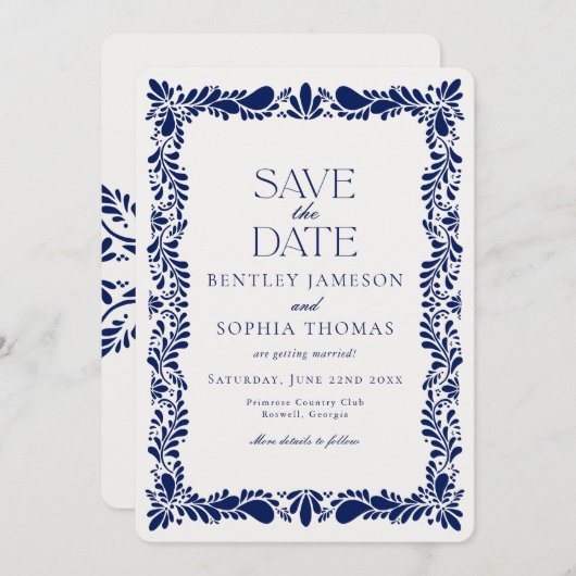 Blauwe Talavera-tegel Spaanse Fiesta Save the Date Kaart (Voorkant / Achterkant)