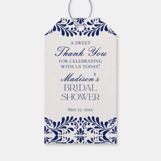 Blauwe Talavera-tegels Bruidsdouche Favorietie cad Cadeaulabel (Achterkant)