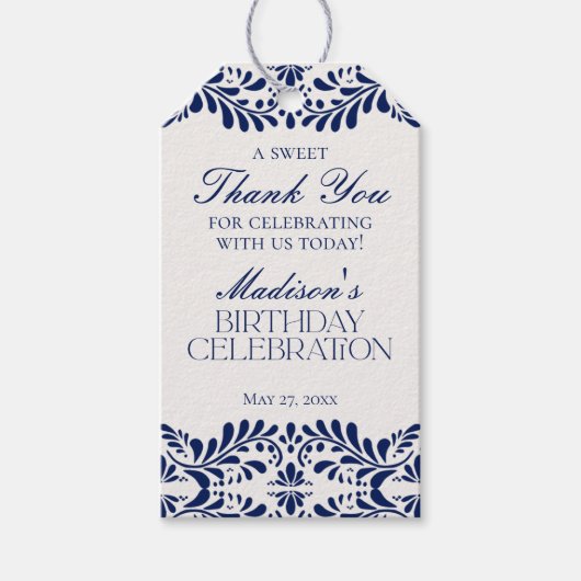 Blauwe Talavera-tegels Fiesta-verjaardagsfeest-att Cadeaulabel (Voorkant)